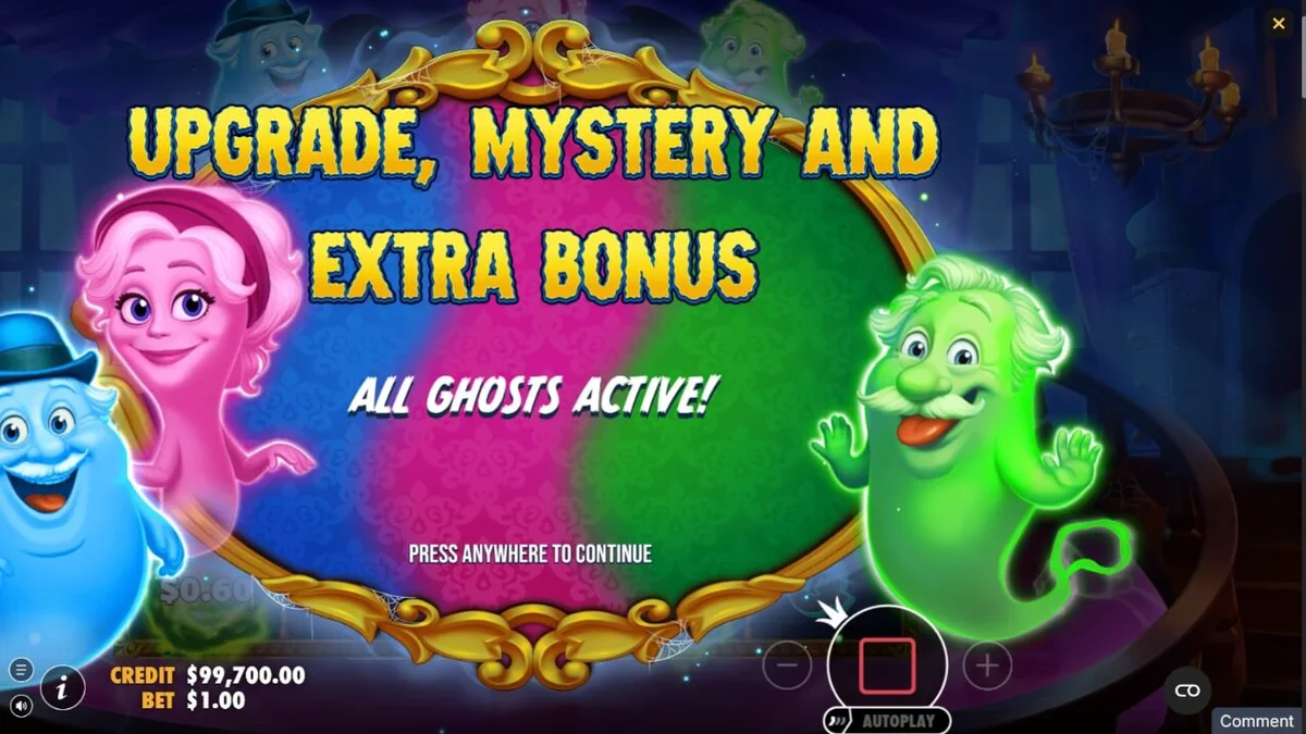 Tampilan visual slot Great Ghosts dengan tema rumah hantu kartun