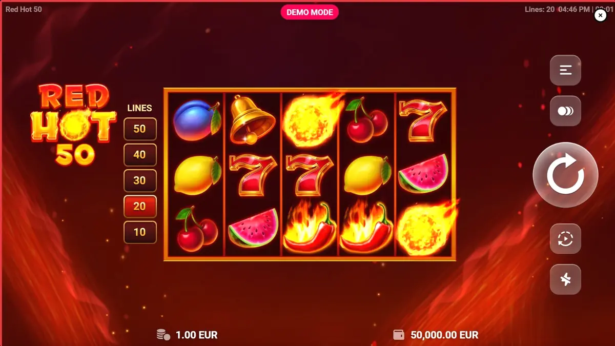 Tampilan visual slot Red Hot 50 dengan tema buah-buahan dan api