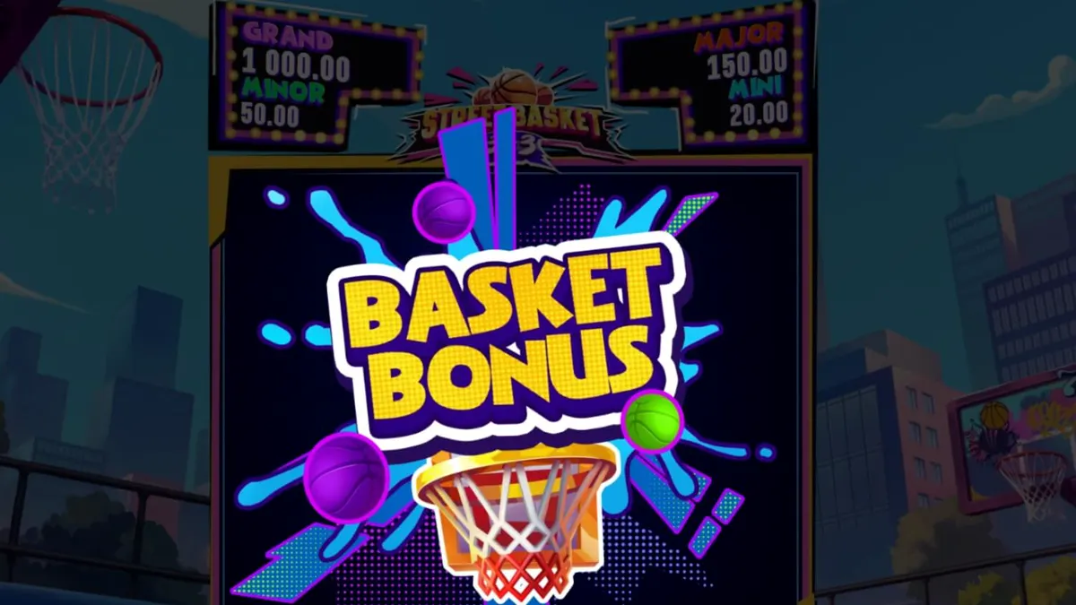 Pemandangan lapangan basket jalanan dengan elemen grafis slot Street Basket 3x3