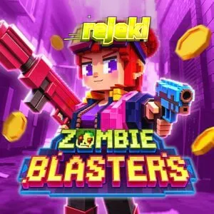 Tampilan visual slot Zombie Blasters dengan latar belakang arcade retro